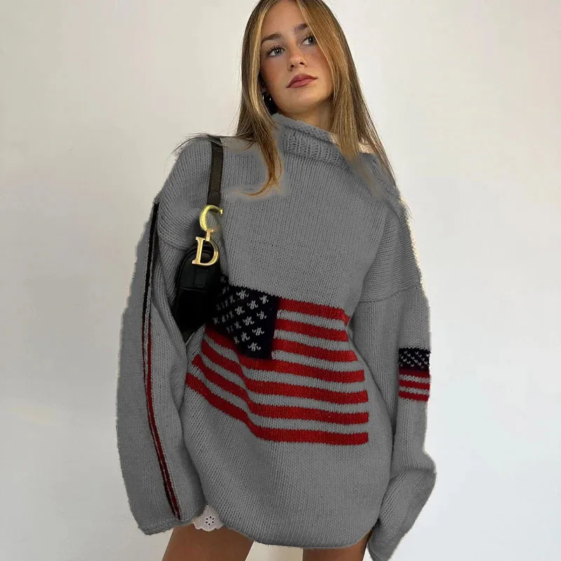 Y2K Women Winter Vintage Ladies Luxury American Flag Knit Sweater Aesthetics Long Sleeve Sweaters Oversize Pullover Tops Clothes