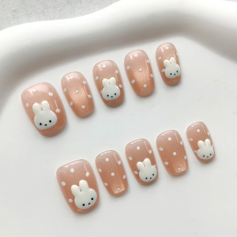 10 uñas postizas coreanas, estilo rosa y azul, lunares lindos, conejito y ojo de gato, frescas y sencillas 2