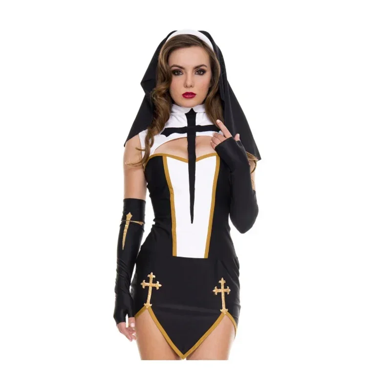 Un costume cosplay da suora per donne di Halloween, costume da ballo, spettacolo per feste, gonna sexy per feste per adulti, comprese guanti e calzini