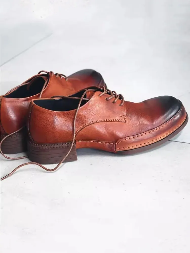 Vintage Business Casual Office Men Dress Shoes Cowskin Genuine Leather Derby Shoes Lace Up Round Toe Designer Handmade Shoes Men