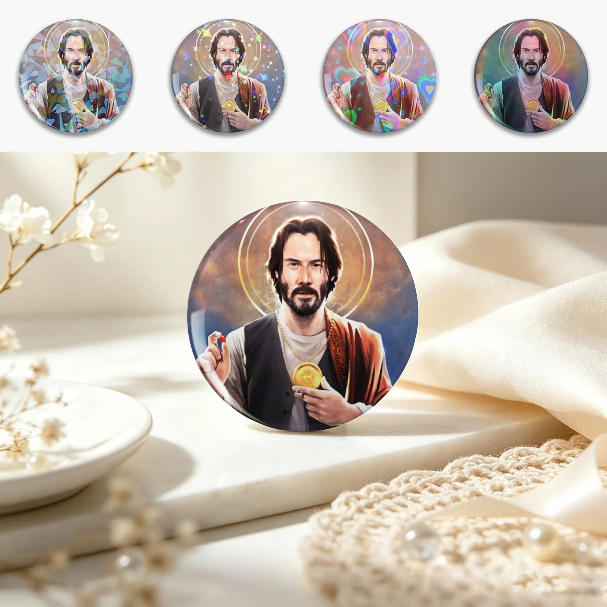 Keanu Reeves, Saint Keanu of Reeves, Keanu Reeves Original Religious Painting Pin Holographic Star Heart Pin Brooches Laminated