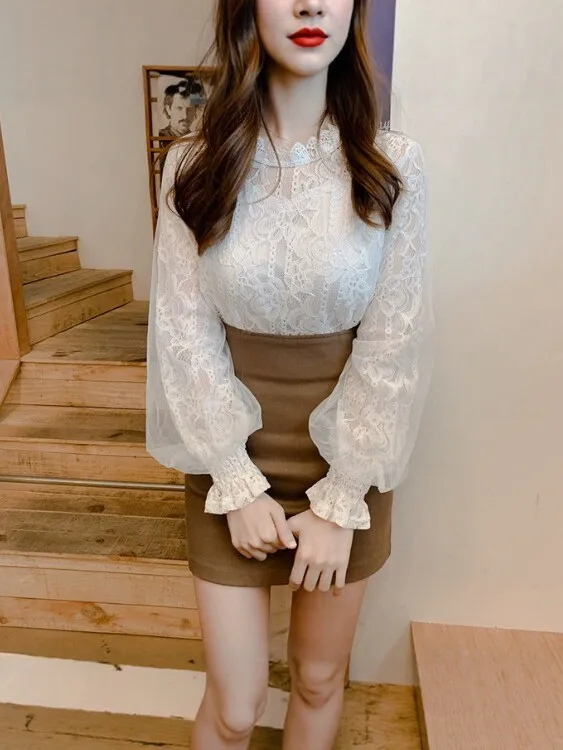 

Women's Clothing Long Sleeve Blouse Puff Sleeves Round Neck Sheer Lace Top Sweet Style For Woman Chiffon Shirt Vintage Mesh