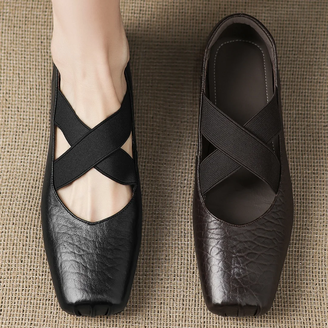 

Женские балетки без шнуровки из овчины с квадратным носком и эластичной лентой на перекрестном ремешке, мягкие удобные повседневные балетки высокого качества