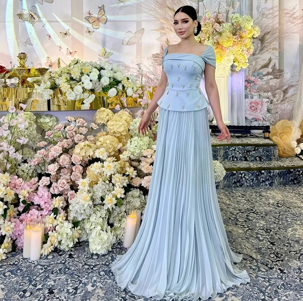 Elegantes blaues Abendkleid für Promis, quadratischer Kragen, Falten, Kristallperlen, Satin, Abschlussball, formelle Kleider, Robe De Soiree