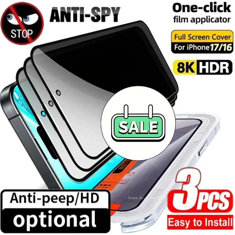 3Pcs Dust Free Installation Privacy Screen Protector for IPhone 16 17 Pro Max Plus 17 Air Anti-spy or HD Clear Tempered Glass