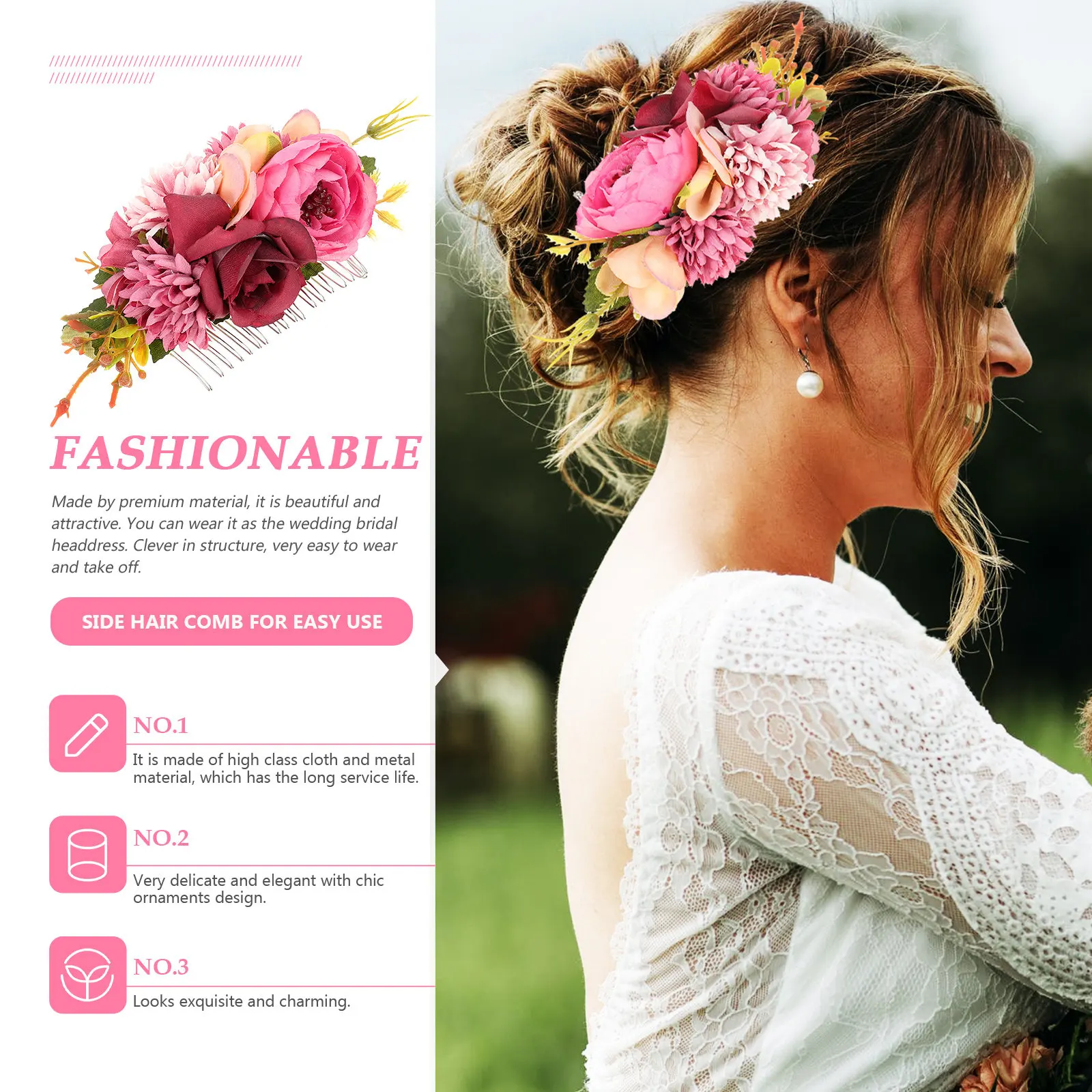 

Bride Hair Comb Flower Elements Elegant Exquisite Design Premium Cloth Metal Bridal Headdress for Wedding Prom Cosplay