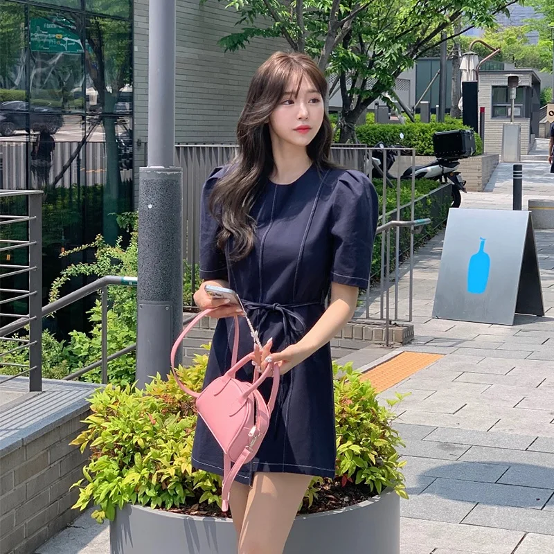 2026 Summer New Hot Selling Cotton Temperament Lace up Waist Collection Bubble Sleeves Solid Color Dress for Women