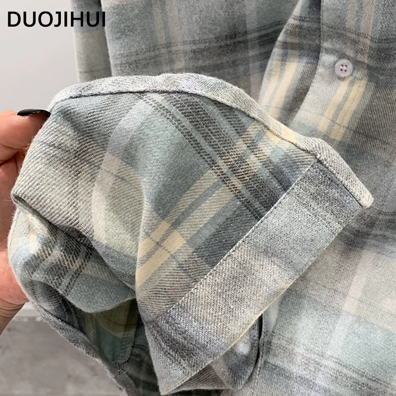 DUOJIHUI American Vintage Chicly Polo Neck Simple Women Shirt Autumn Classic Plaid Fashion Spell Color Loose Casual Female Shirt