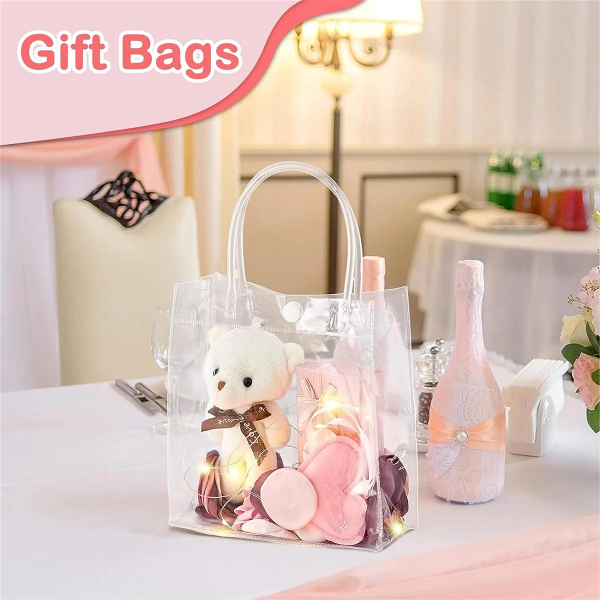 50 Pcs Clear Gift Bags with Handles Plastic Gift Bags Transparent Reusable Tote Bags Candy Goodie Bags for Wedding