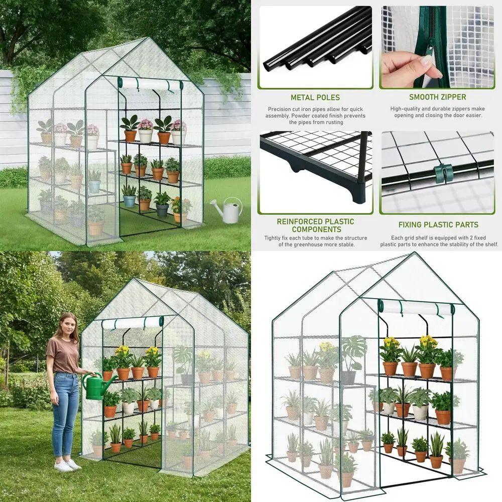 

Portable Outdoor PE Greenhouse with 3 Tiers, 8 Shelves, Zipper Door, 56x56x77 White