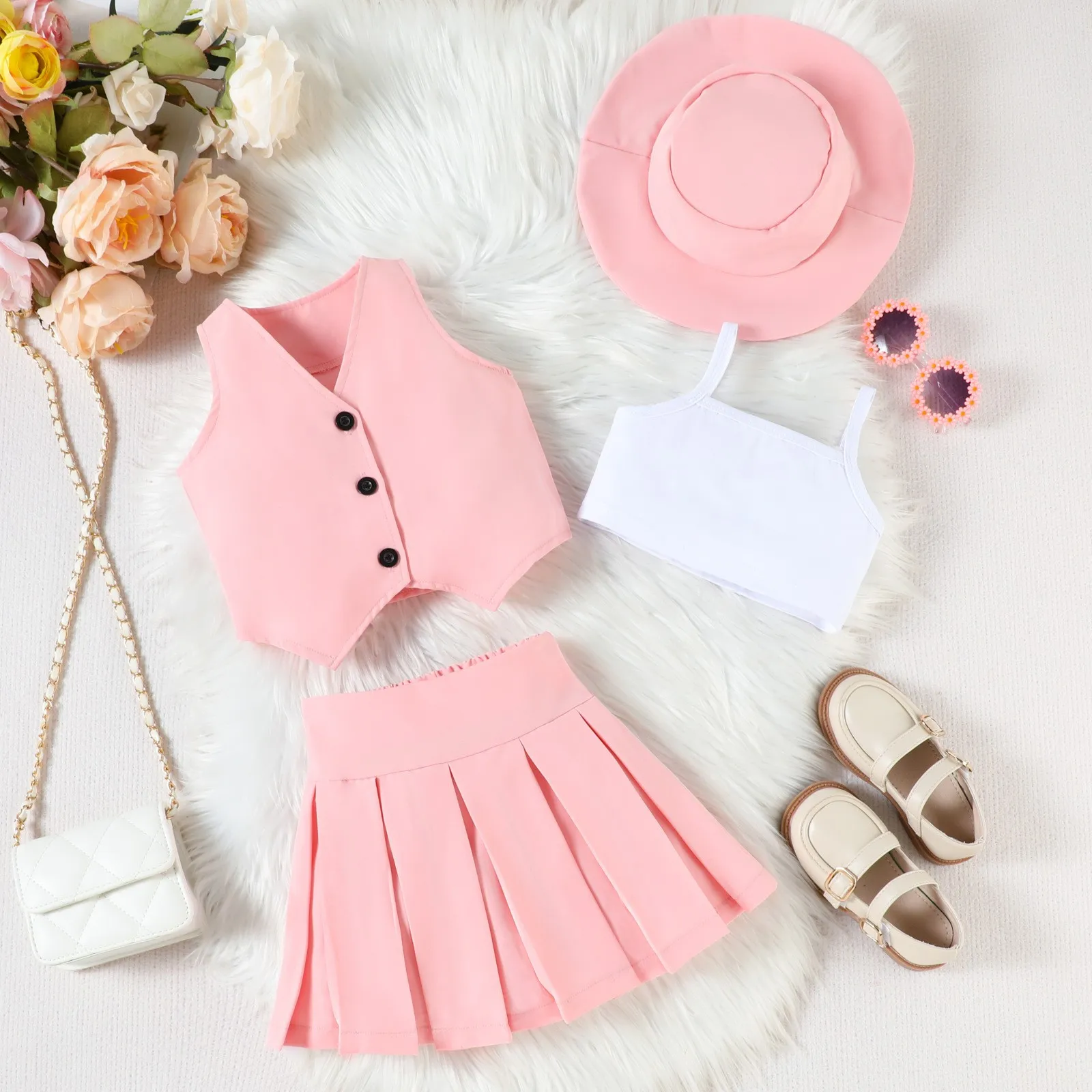 

Summer Girl White Sling Tank Solid Color Vest Pleated Skirt Hat Four-Piece Children Set Personality Trendy Kid Casual Dress