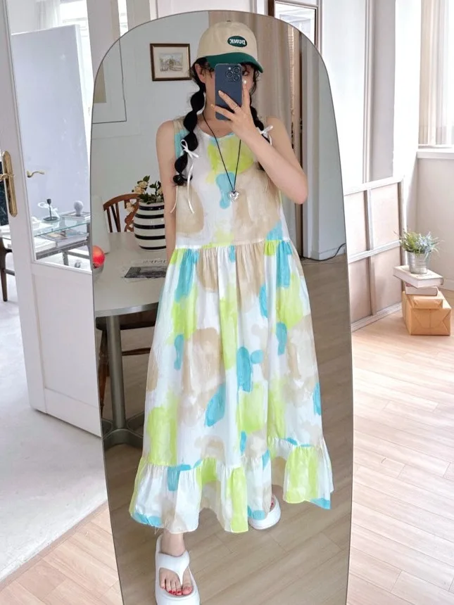 

Korean Sle Oily Painting Print adient Vest Dr Women's Summer New Vintage Art Loose Svel Long Skirt