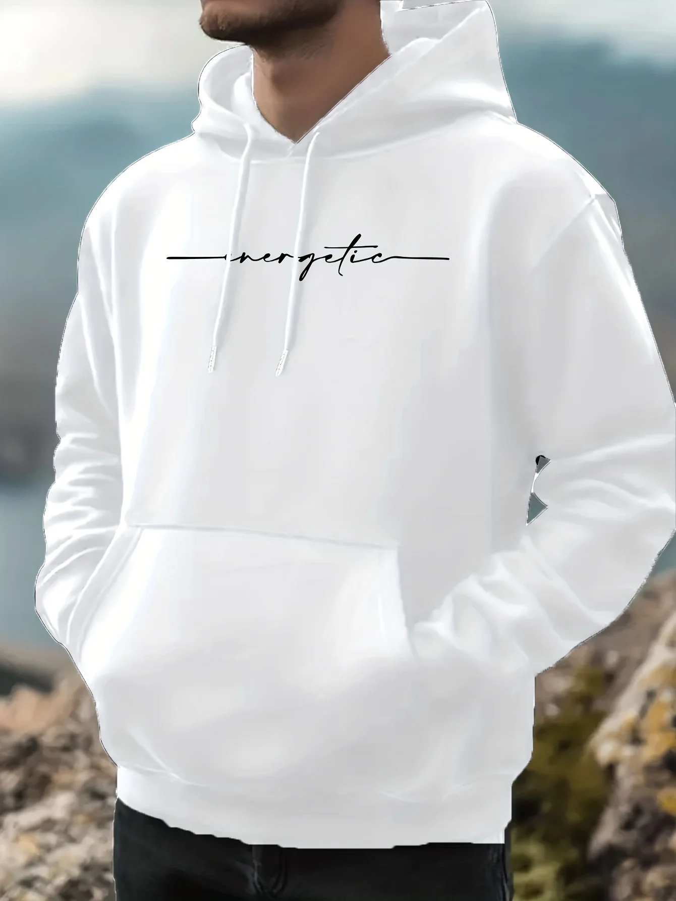Men's winter and autumn hooded sweatshirt with simple handwritten font print on the front pullover shirt - everyday casual top
