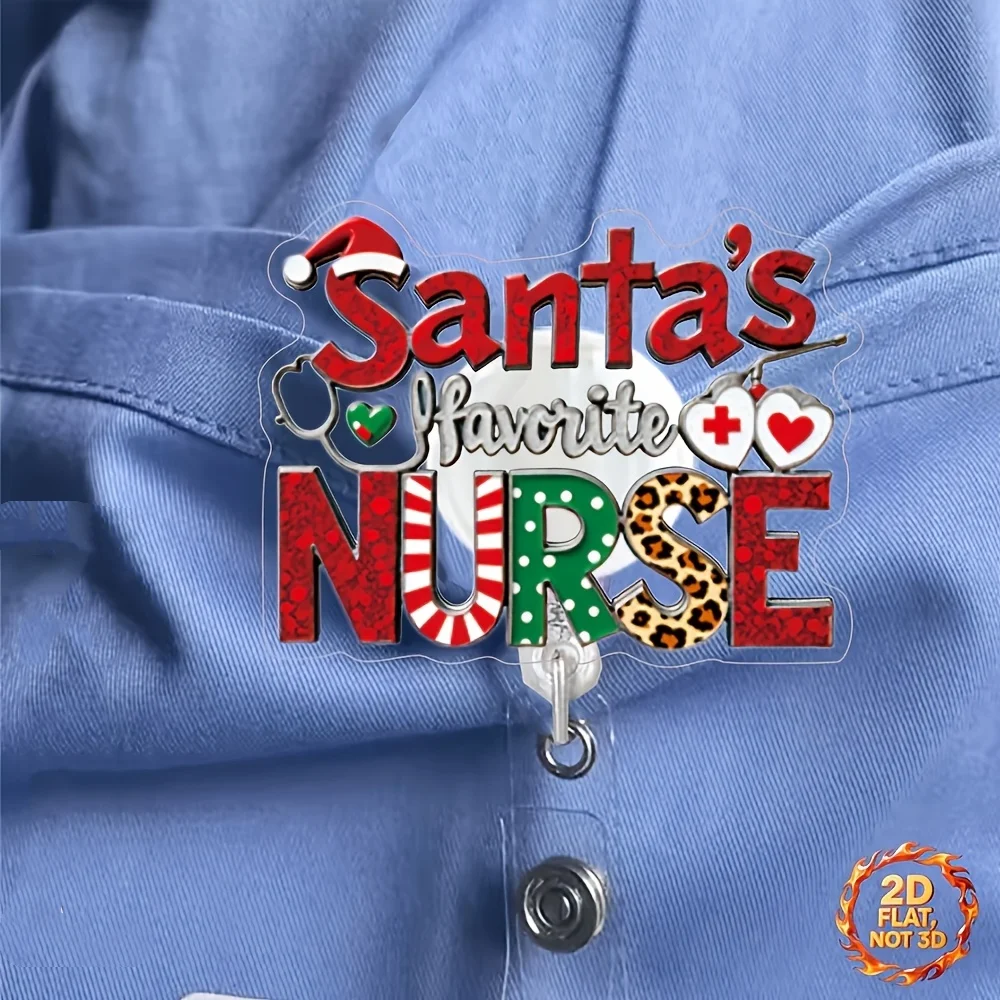 6/3-Piece Set of 2D Flat Cute and Fun Acrylic Id Badge Holders with Retractable Reels and Clips - Santa's Favorite Nurse Design, Medical-Themed Christmas Gift for Nurses and Hospital Staff - Durable 2D Flat Id Holder,