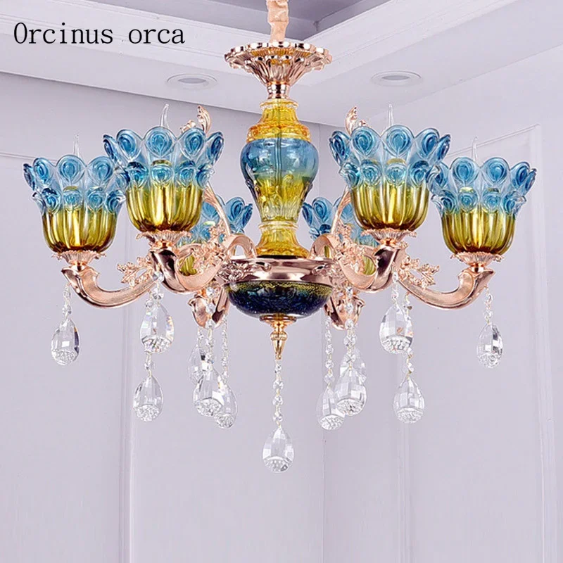 European luxury peacock green chandelier living room  bedroom French pastoral Creative Blue LED Crystal Chandelier