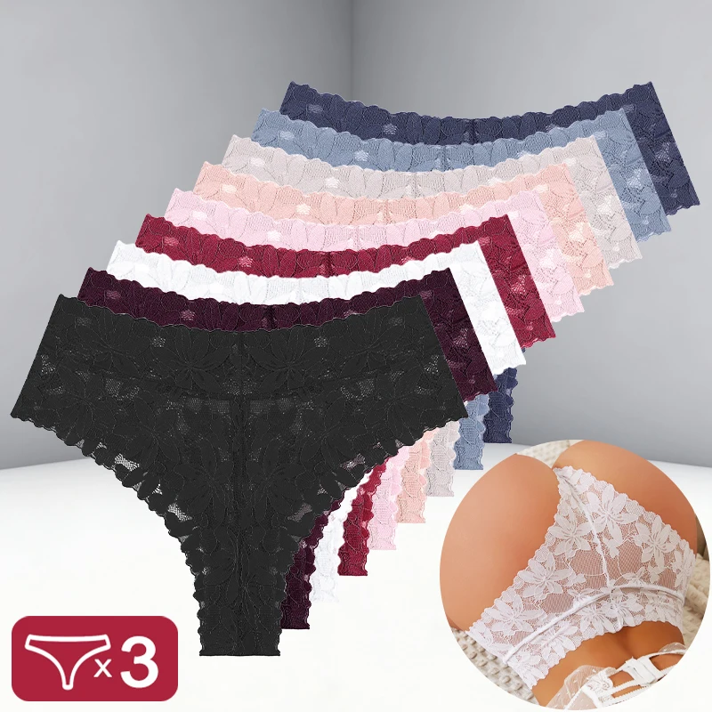 3Pcs/Set Women's Sexy Lace Floral G-string Thongs Hollow Out Perspective Panties High Rise Elastic Breathable Intimates Lingerie