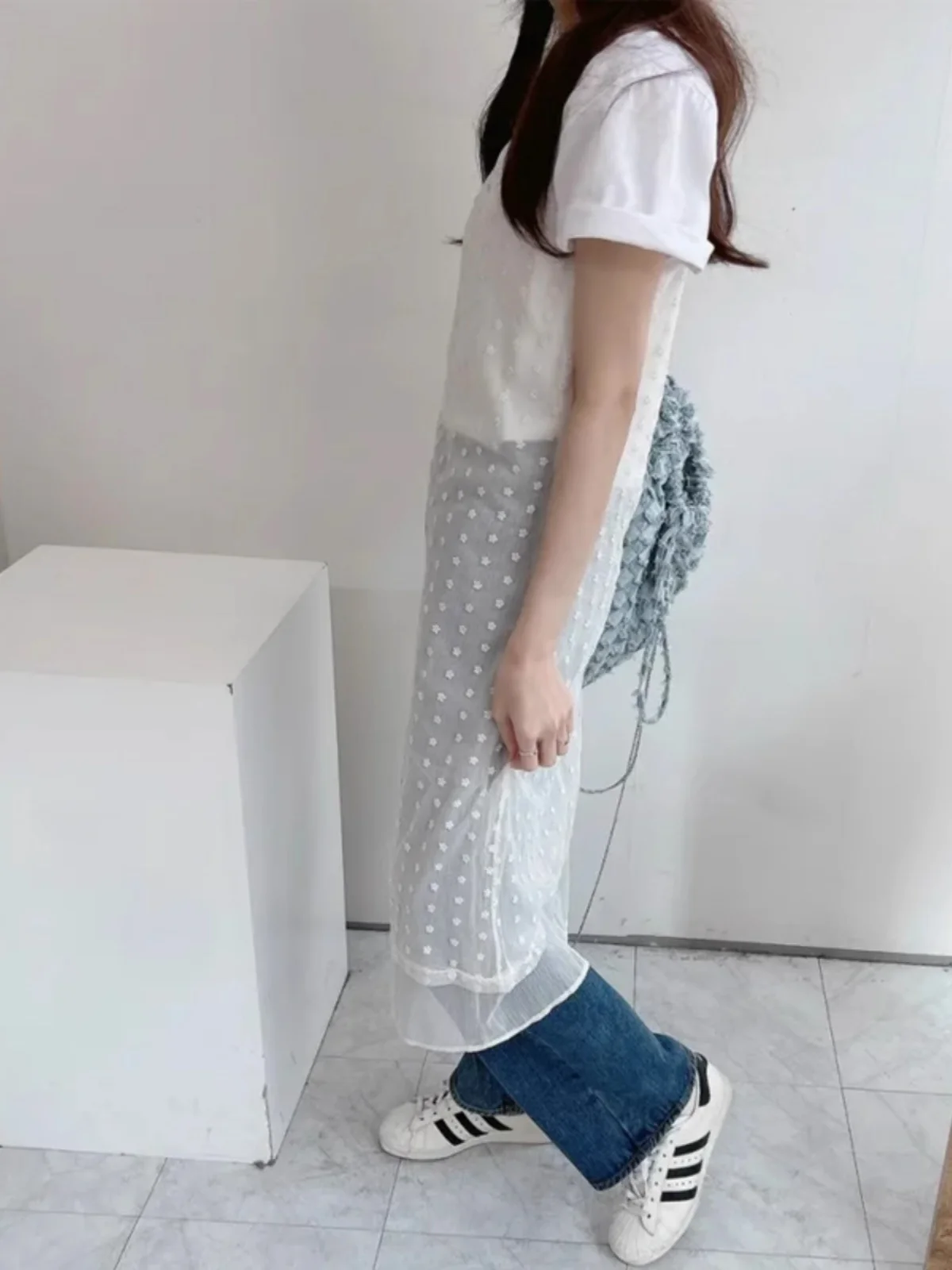 Vestido Branco ter F Primavera Verão Novo com Estampa de Poá Bordado Design em Camadas Saia Longa Estilo Coreano Ci...