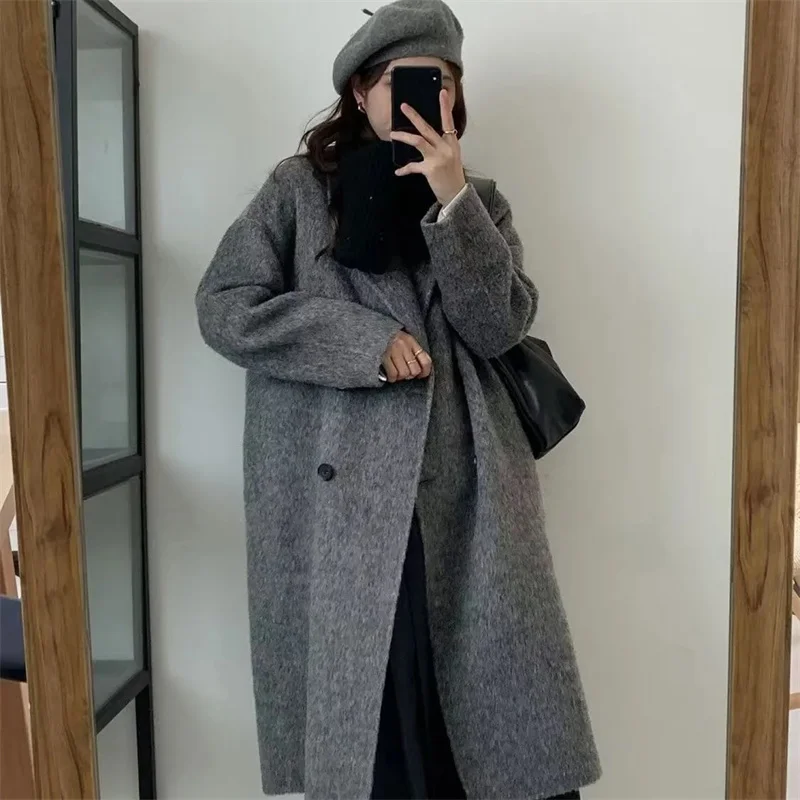 

Fashion 100% Wool Coat Woolen Double-sided Long Coat For Women Oversize Loose Lapel Overcoat Autumn Lady High Street Outerwear