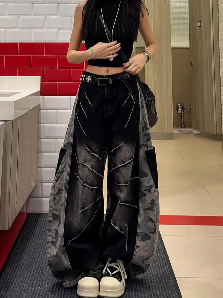

Retro American Washed Camouflage Patchwork Denim Jeans High Waist Straight Leg Women's Fashion Large Pocket Floor-Length
