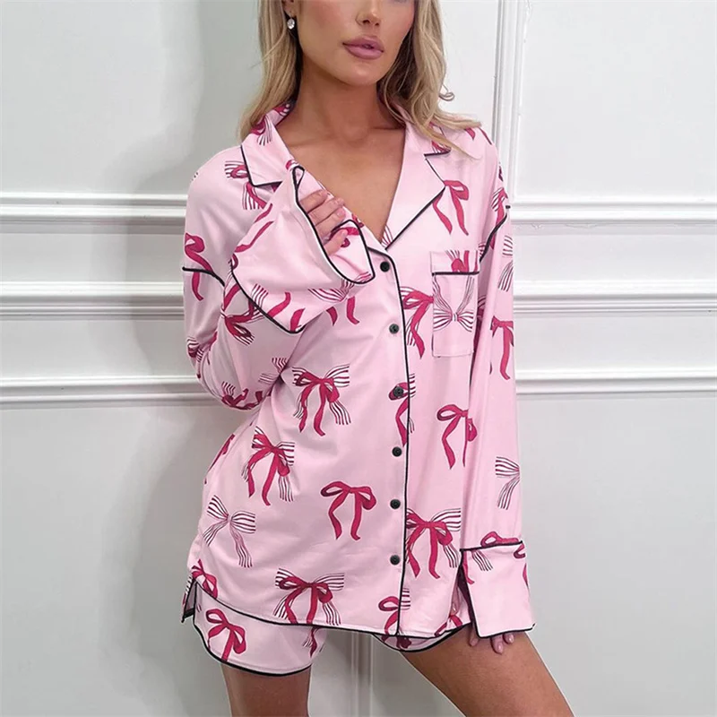 FUFUCAILLM Women Satin Pajama Set Bow Print Long Sleeve Button Down Shirts Tops Elastic Waist Shorts 2 Piece Lounge Outfits 2024