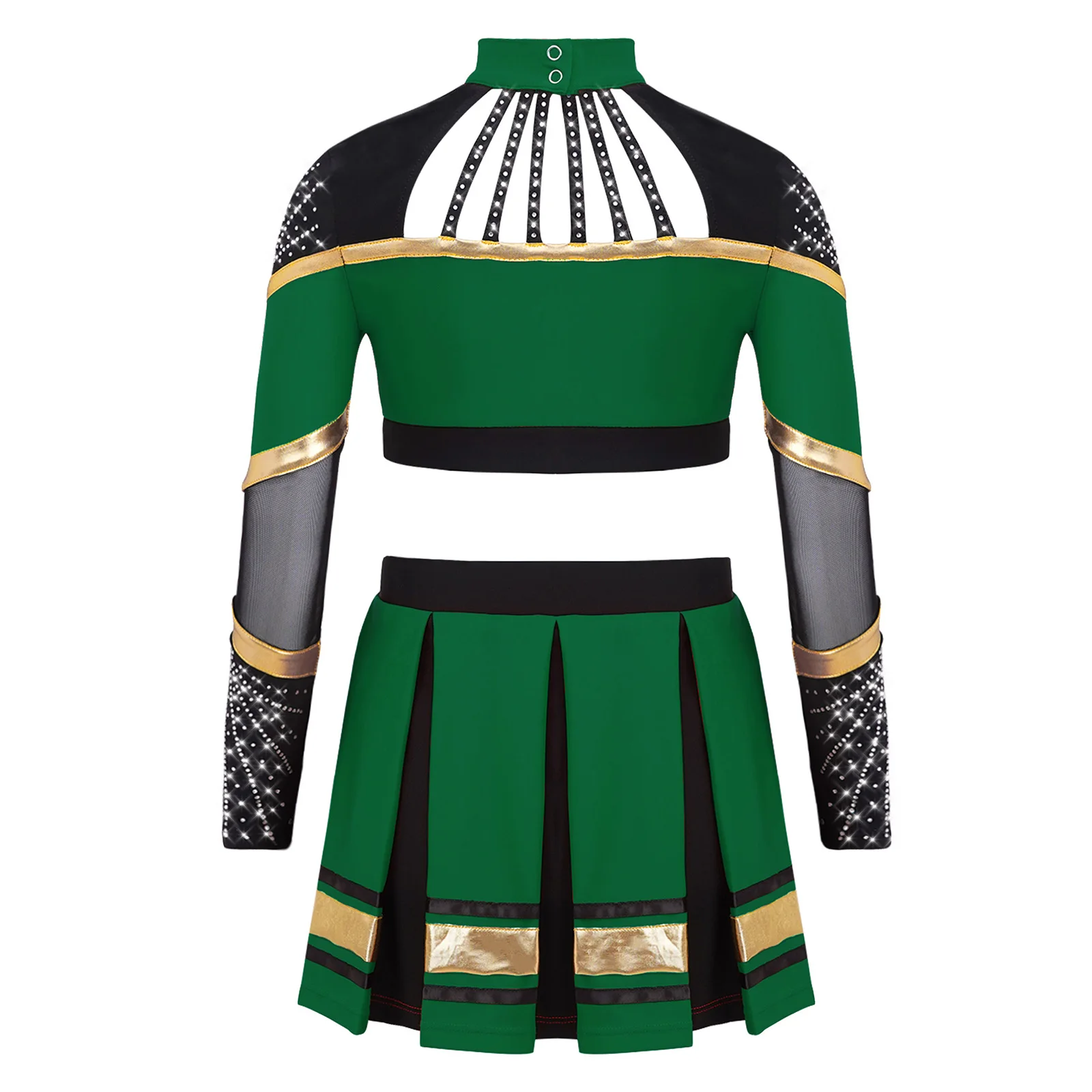 Kids Girls Cheerleading Uniform Performance Costume Sheer Mesh Patchwork Cheeing Team Color Block Crop Top with Pleated Skirt