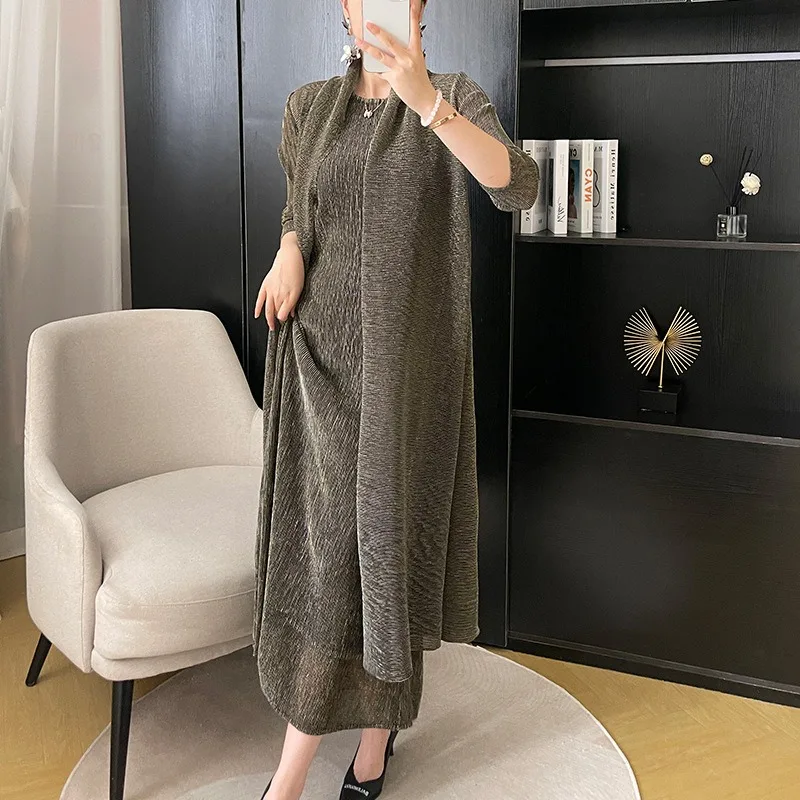 Miyake Pleated Dress Coat Two Piece Set for 2023 Autumn New Casual Gold Silk Loose Coat+Tank Skirt Set