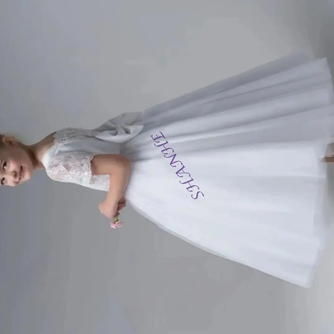 맞춤형 흰색 첫 영성체 드레스 티 길이 레이스 소매 웨딩 플라워 걸 드레스 비즈 장식 튤 파티 볼 가운