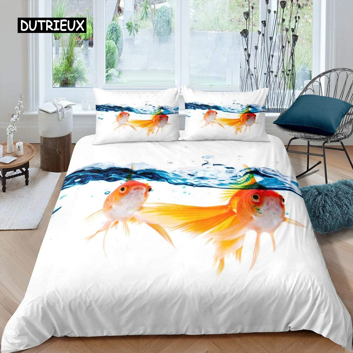 Goldfish Duvet Cover Set Ocean Life Comforter Cover Wave Splash Bedding Set Polyester Abstract Art Single Queen King Quilt Cover