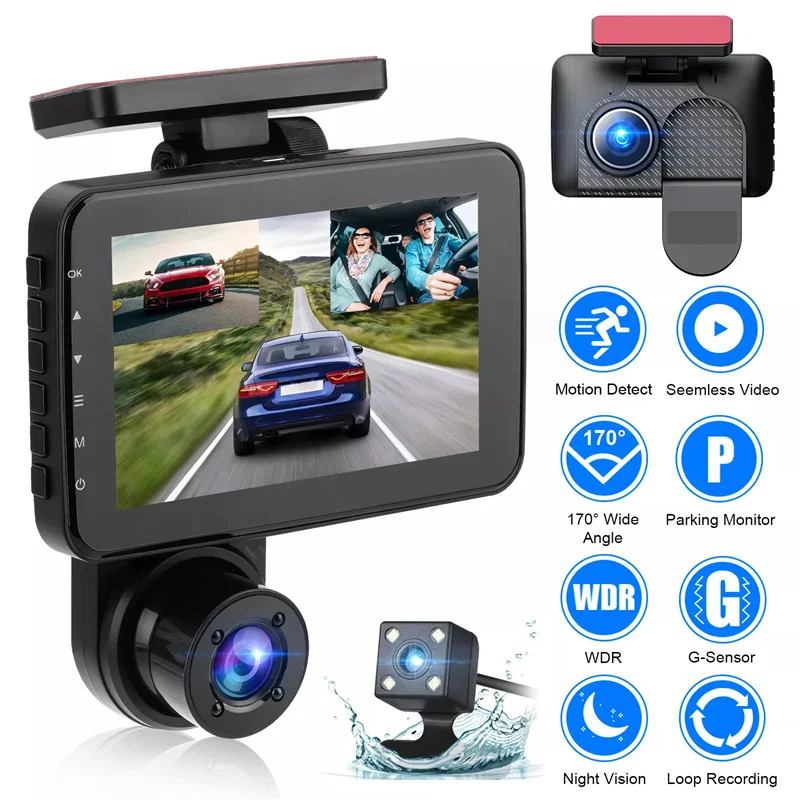 

3 Lens Car Dash Cam DVR 3 Channel Video Recorder 4.0 Inch Dashcam With Rear View Camera Black Box G-Sensor 24H Parking Monitor