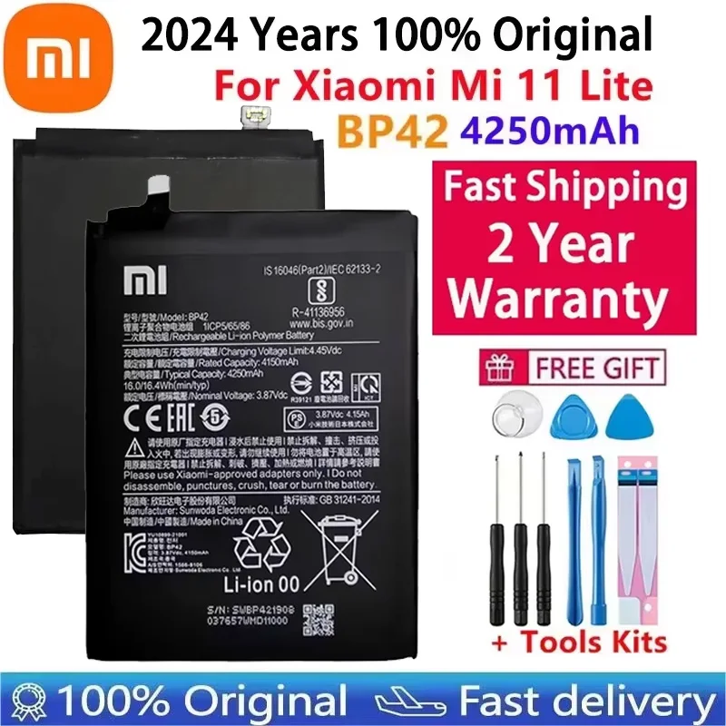 Bateria 100% original bp42 para xiaomi mi 11 lite bp42, bateria de substituição genuína para telefone, bateria 4250mah, envio rápido