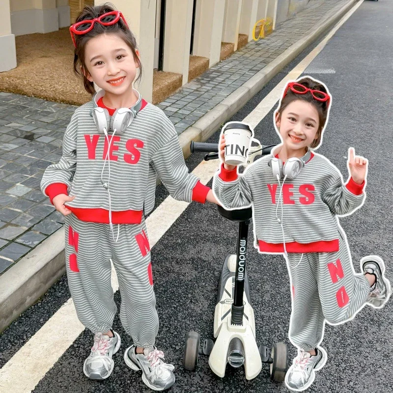 Girls' Suit Spring and Autumn New Fashion Little Girl Striped Letter Blouse + Trousers Two-piece Set  Girl Clothes 2-8Y