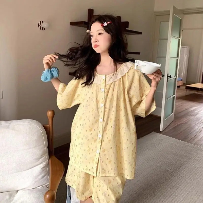 

Women's Pajama Set Fashion Homewear Short Sleeve Lace Collar Shorts Set Cotton Women Home Outdoor Sweet Rustic Cartoon Summer