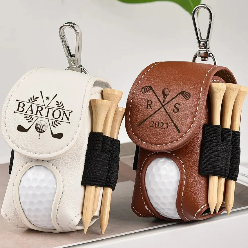 PU Golf Ball Tee Holder Pouch with Metal Clip Portable Waist Bag Outdoor Golf Accessory Organizer Personalized Laser Engraving