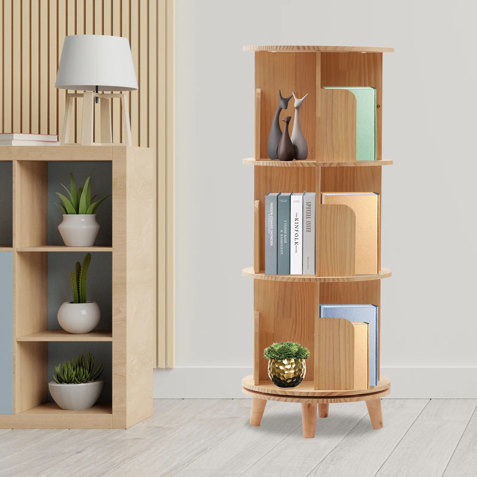 

3-Tier Rotating Bookshelf with Legs, Pine Wood Modern Cylindrical Display Shelf - 360° Spinning, Freestanding Storage Organizer