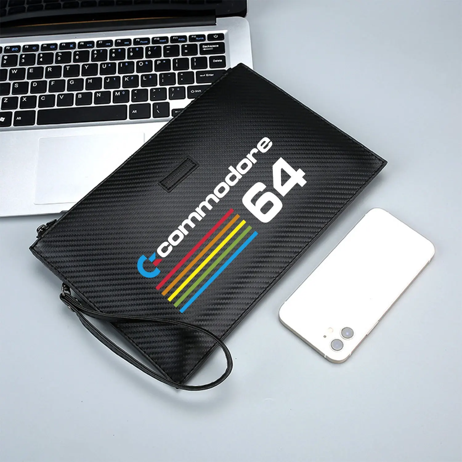 Logo Commodore garis-garis warna-warni angka putih Tas Tangan Pria PU Cetak Elegan Modis dan Praktis untuk Dibawa Sehari-hari