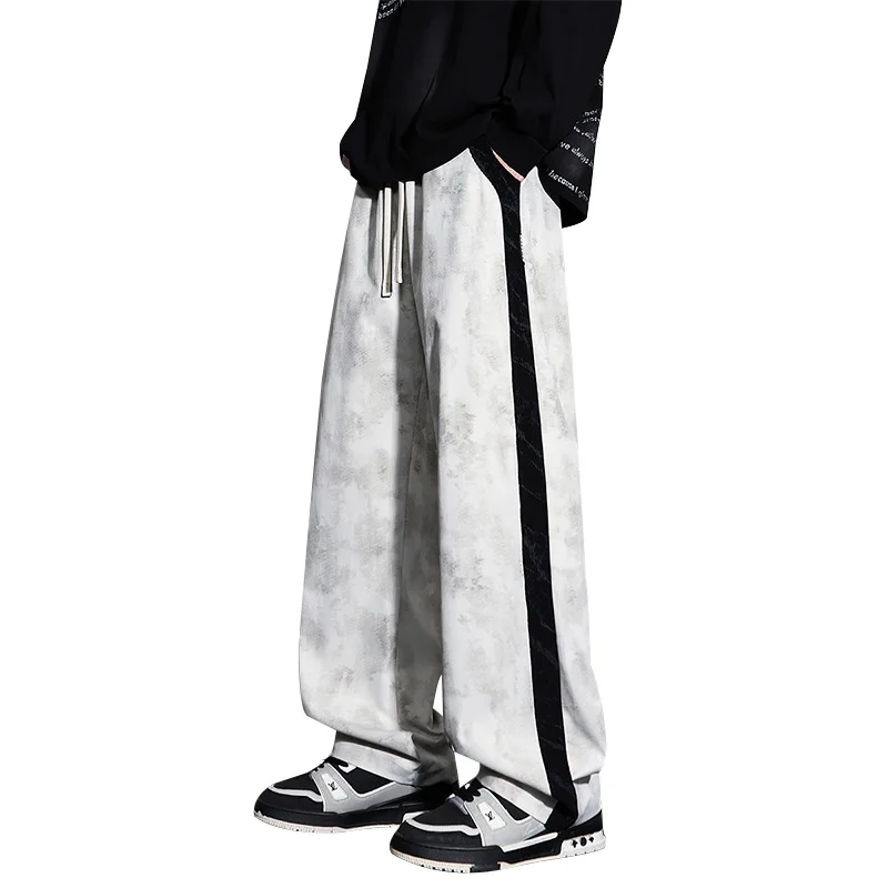 2025 New Spring Men's Sweatpants Wide Leg Straight Loose Pants Korean Fashion Patchwork Knit Long Track Trousers Plus Size 8XL