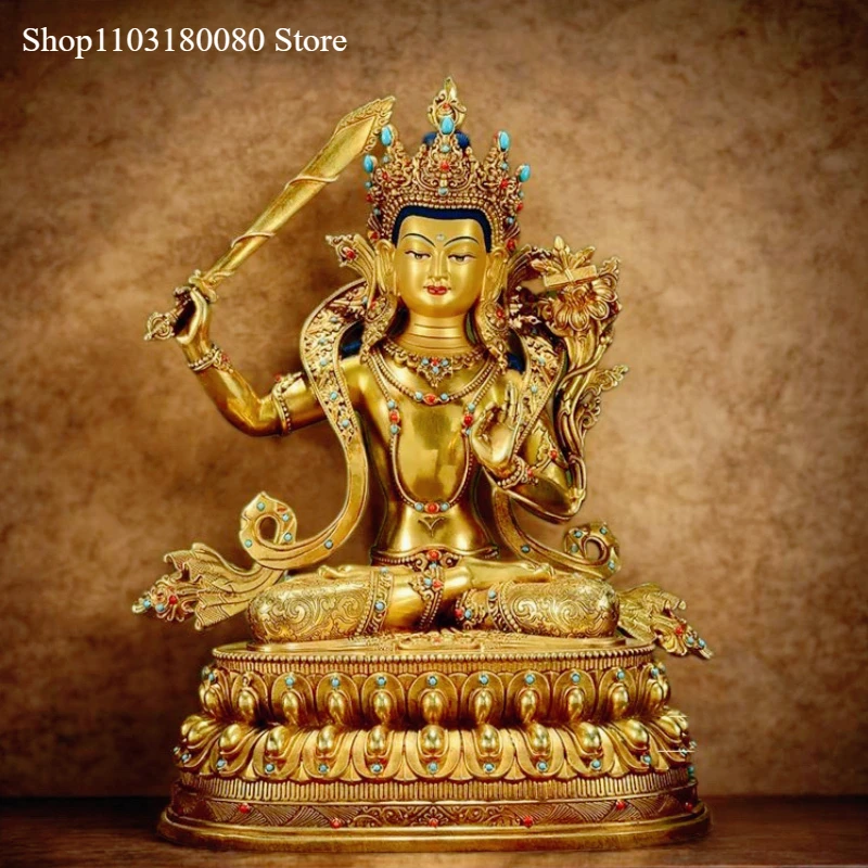 Copper gilding Manjusri Bodhisattva Buddha statue inlay Manjusri Buddisattva sculpture,45cm,31cm,21cm