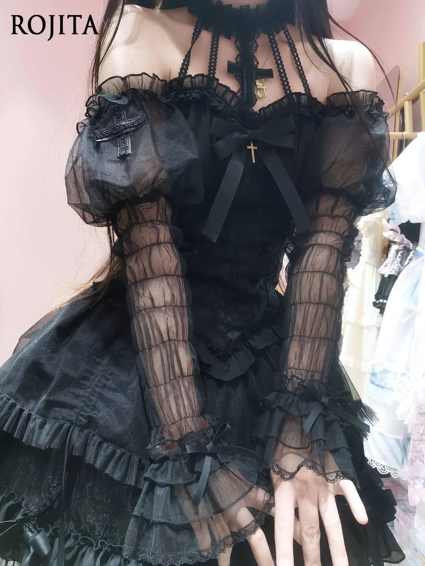 

Gothic Black Cross Lolita Off Shoulder Dress Puff Mesh Sleeve Ruffle Layer Mini Party Dres Halter Neck Chain Strap Gown
