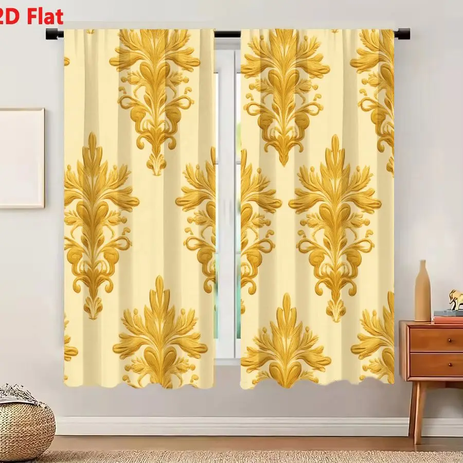 2Pcs Curtains 2D Flat Seamless Damask Pattern With Ornate Golden Motifs On Pale Cream Background Window Drapes for Bedroom Room