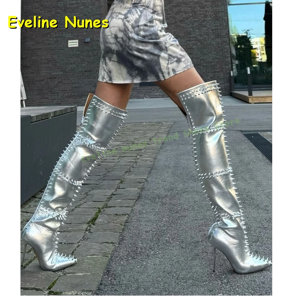 Silvery Rivet Sexy Over The Knee High Boots Pointed Toe Stiletto Splicing Back Zipper V-Cut Lady Fashion Shoes Street Style 2025