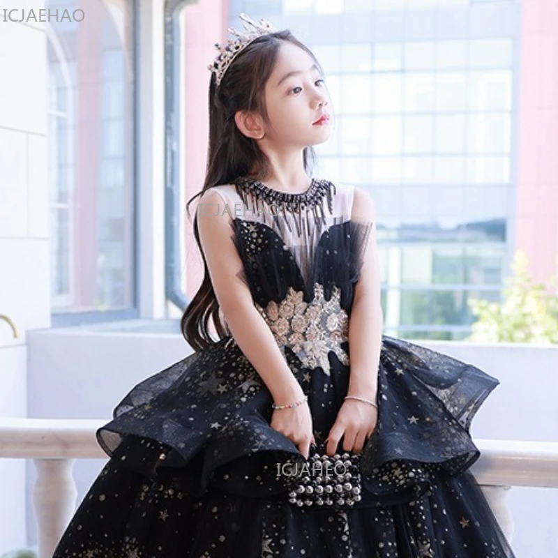 

2026 Black Kids Gown Princess Dress Costume Host Children Girls Formal Piano Evening Vestido Clothes Performance Celebration