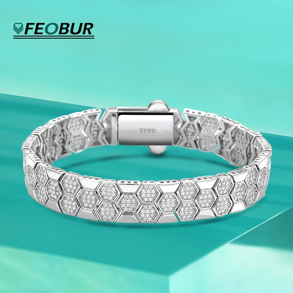 

FEOBUR Full Moissanite Bracelets for Women Men Hiphop 10mm Honeycomb Bangle 100% 925 Sterling Silver Tested Diamond Jewelry Gift