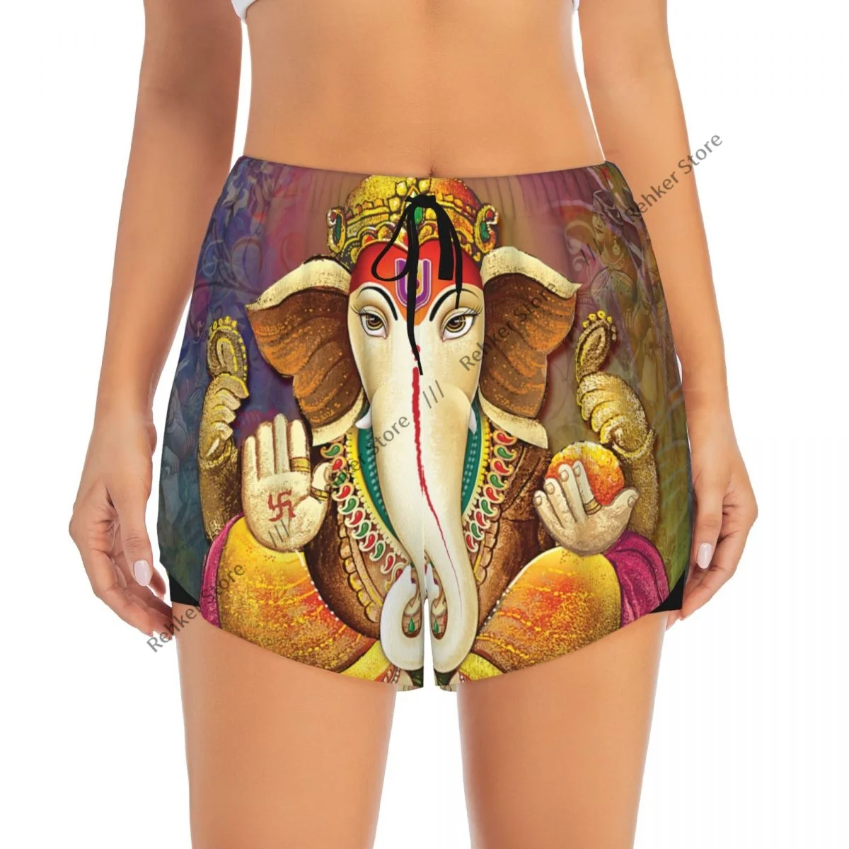 ワークアウトショーツ女性フィットネス速乾性二重層ショーツ神ガネーシャ神話アスレチックヨガショートパンツジムレギンス