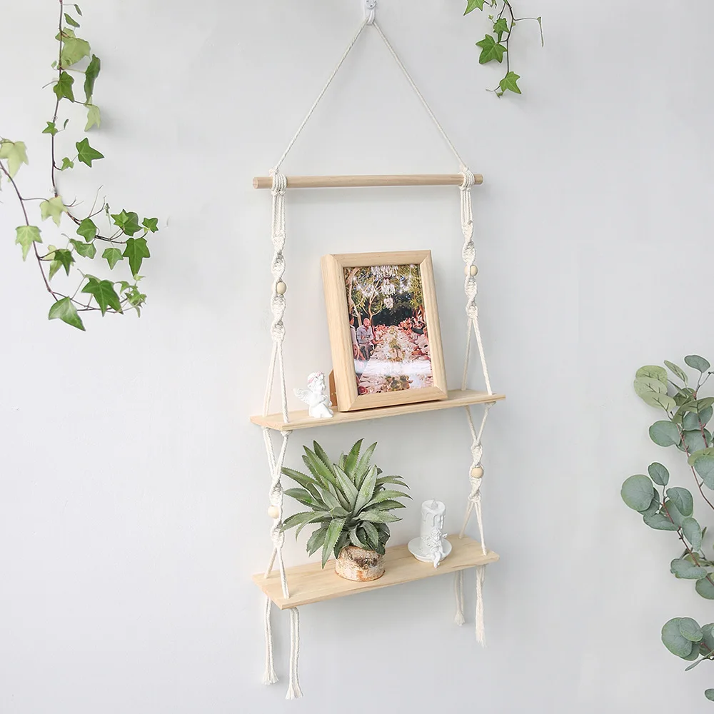 Bohemian Style Flower Pot Display Decor Wall Shelf - Handwoven Macrame Plant Hanger with Fringe and Tapestry for Wall Decoration