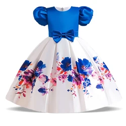 Summer Flower Print Party Dress For Girl Children Costume Puff Sleeve Bow Wedding Girl Princess Dresses Bridesmaid Birthday Gown