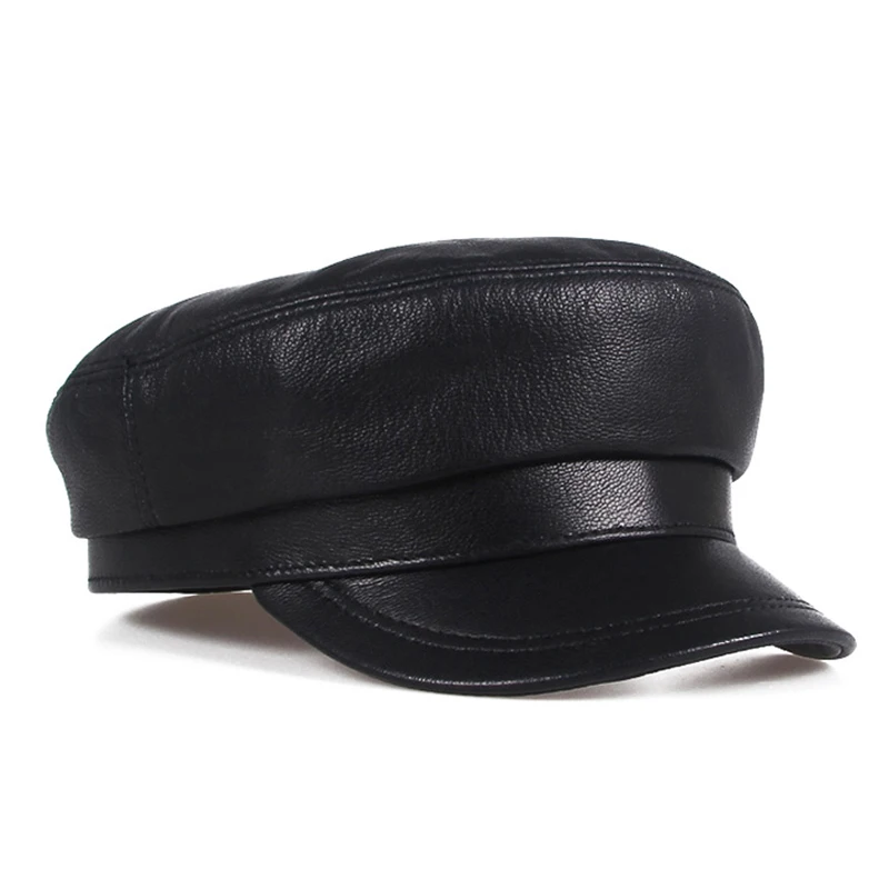 Military Hat Men Women European/American Fashion Genuine Leather Caps Male Casual White/Black Flat Top Navy Army Hat