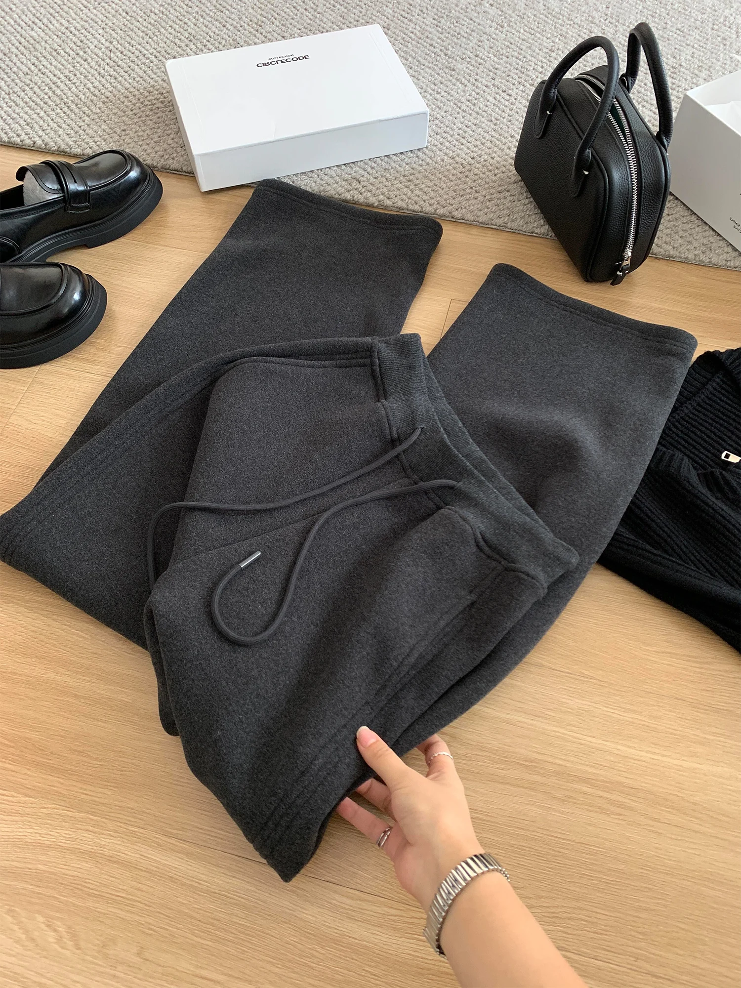 

Retro High Waist Dstring Spor Sweatpants Women's Soft Loose Slimming Straight Casual Pants Autumn Spring Wide Leg