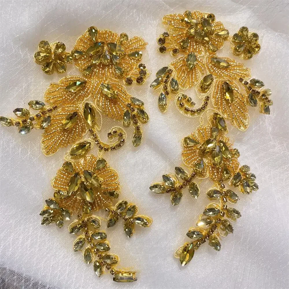 1 Paar handgenähte Glasbohrer-Spiegelblumen, funkelnde Strass-Blumen, Mäntel, Bündchen, Schultern, Hochzeitskleid, DIY-Patch RS4208