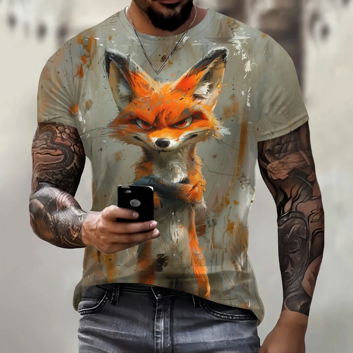 Camiseta divertida con estampado de zorro en 3D para hombre, ropa de Hip Hop de tendencia urbana, camiseta informal de manga corta con cuello