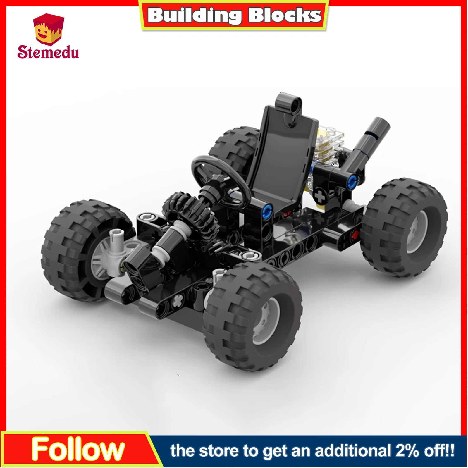 MOC Einachsiger Go-Kart Baustein-Set Lenk-Kart-Modell mit Motor und Reifen für MINT-Ingenieurwesen Geburtstagsgeschenk